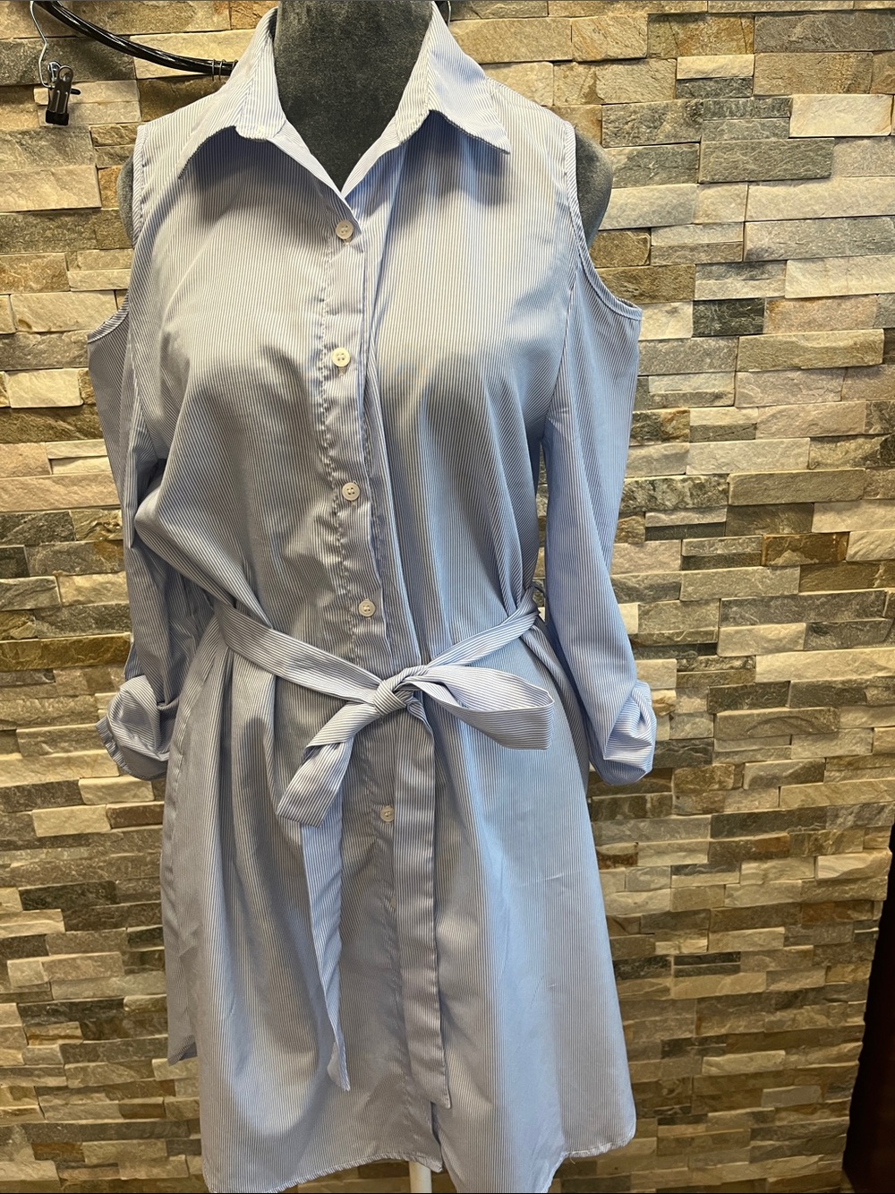 Cold-Shoulder Button-Front Midi Dress with Waist Tie - Light Blue